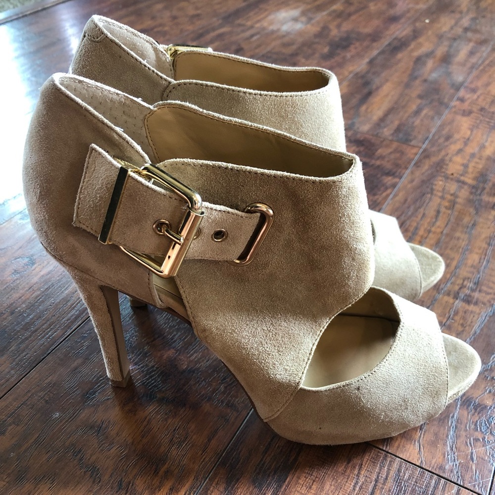 Nude Suede Bootie Style Heels with Buckles - Size 8.5